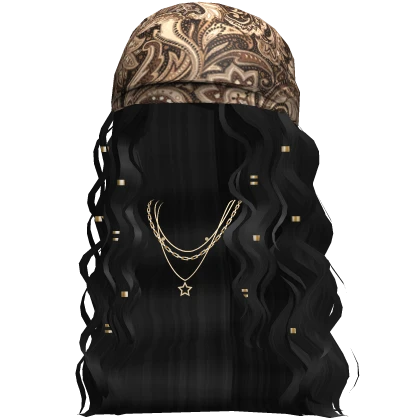 Boho Bandana Wavy Hair w/ Y2K Necklace (Black)