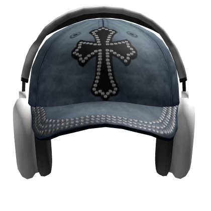 Denim Cap and Headphones - Rhinestone Cross