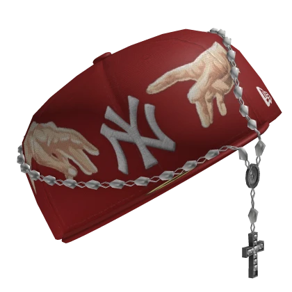 Red NY Fitted Cap w/ Rosary (Sideways)