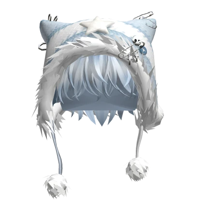 Sky Blue Messy Hair w/ Cat Knit Beanie