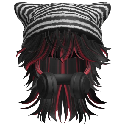 Wolf Cut Hair w/Y2K Headphones&Beanie Black&Red