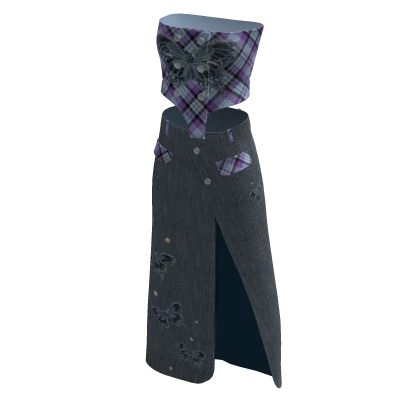 Butterfly Y2K Tartan Top & Ash Denim Skirt Set