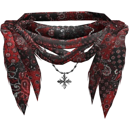 Red Paisley Ratty Layered Neck Scarf W Chain