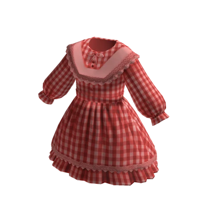 Vintage Plaid Lace Pleated Cottage Dress Red