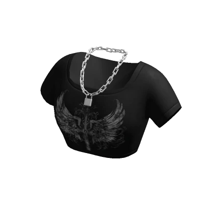 Black Crop Top w/ White Print & Lock Necklace