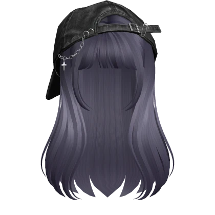 Purple long girl hair bangs w/ Y2K Distressed Hat