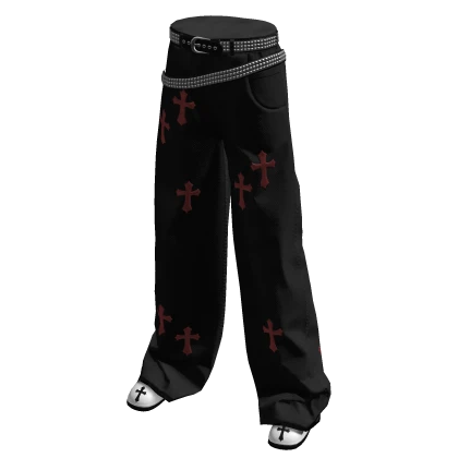 Black Y2K Jeans w/ Red Crosses & Studded Belts