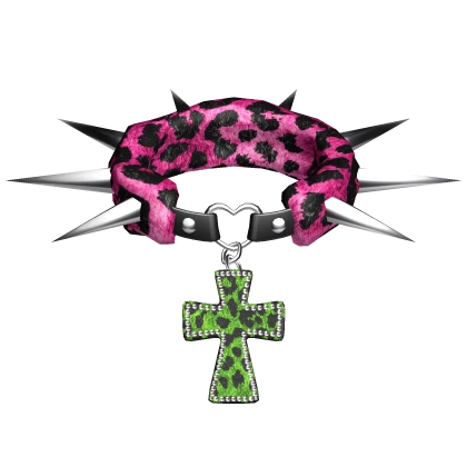 Emo Scene Spiked Leopard Fur Choker Pink & Green