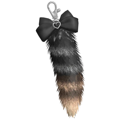 White, Black & Brown Raccoon Tail Keychain w Bow