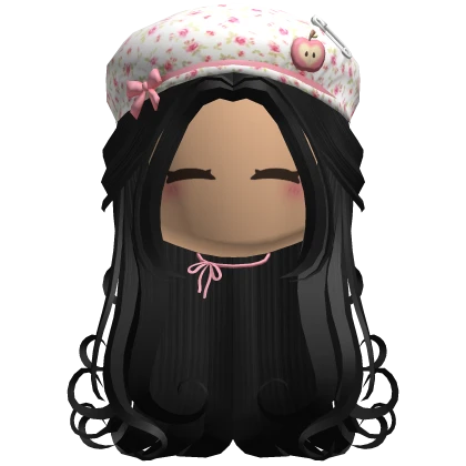black curly hair w pink rose beret face necklace