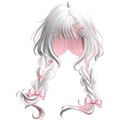 White &amp; Pink Cute Braided Pigtails w/ Ribbon Clips