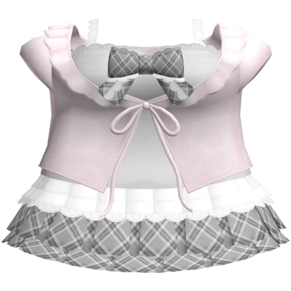 pink plaid layered cardigan ruffled lace dress