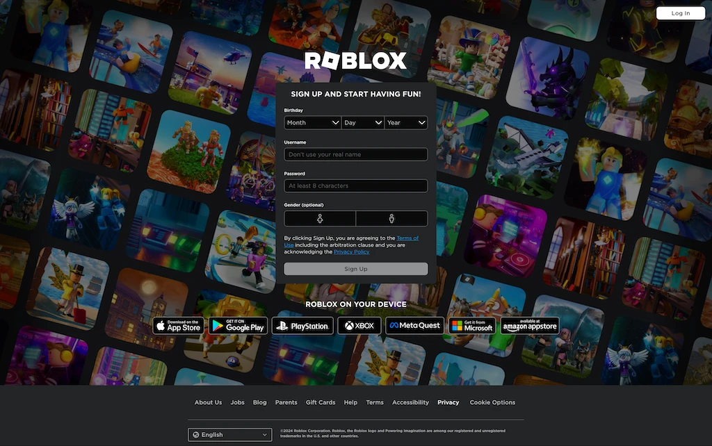 roblox form for creating account