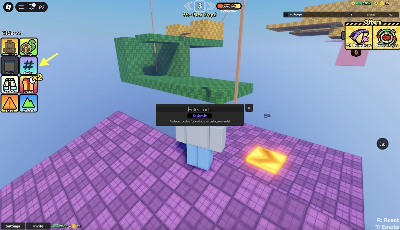 how to redeem codes in Rope Swing Obby on Roblox
